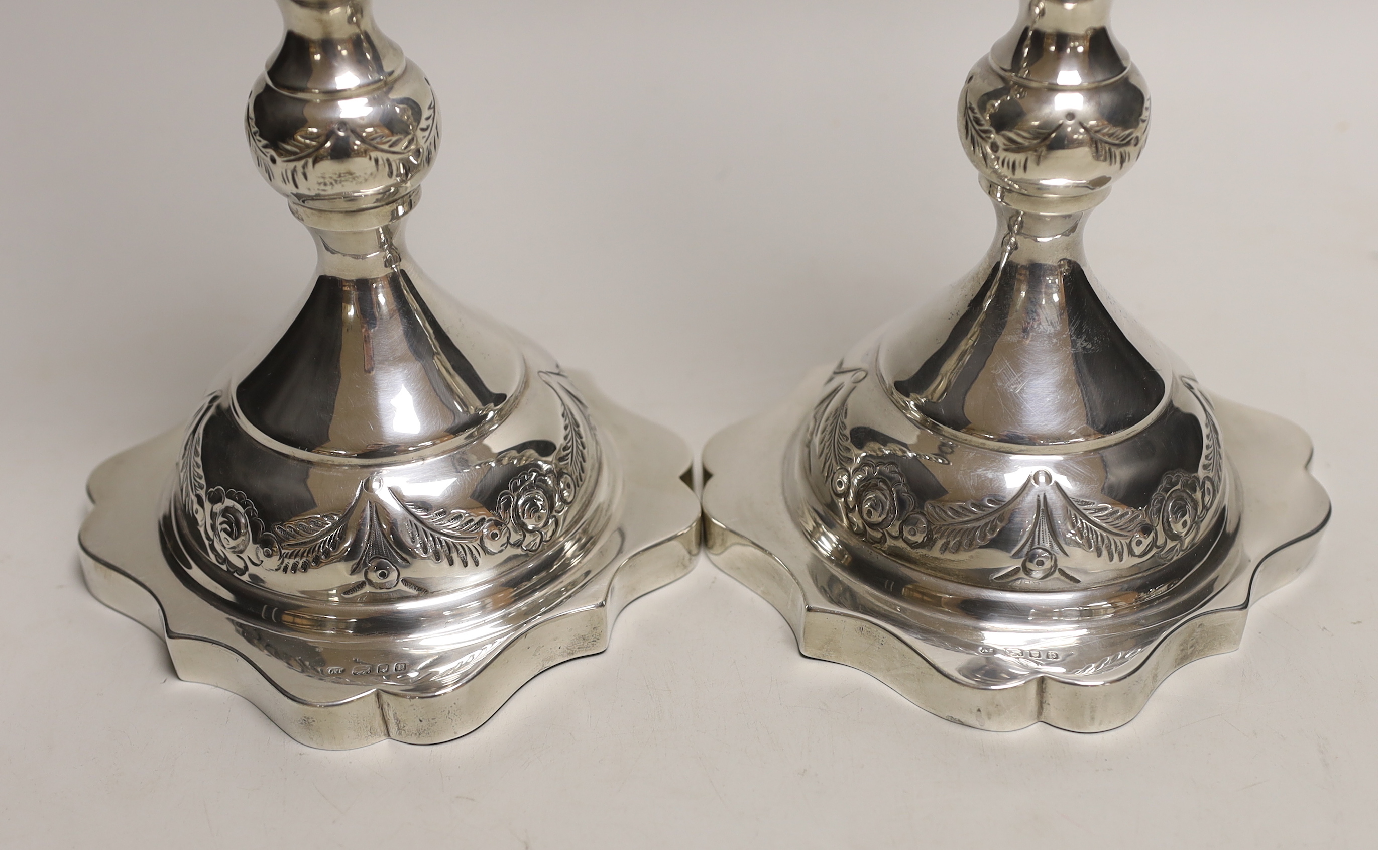 A pair of George V silver Sabbath Day candlesticks, Rosenzweig, Taitelbaum & Co, London, 1930, 34cm, 20oz.